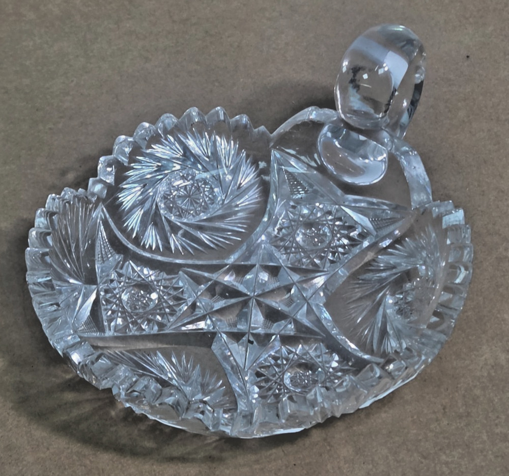 Vintage Cut Crystal Pinwheel Handled Nappy Dish Candy Bowl 6"
